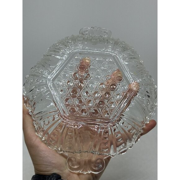 VTG Hexagon Clear Glass Relish Candy Dish 7" Double Handle Honeycomb Pattern - Picture 4 of 5